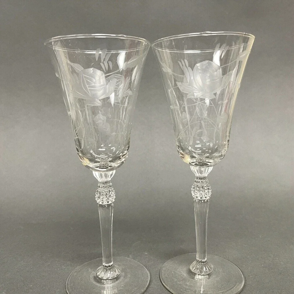 Wine Glasses Clear Glass Etched Roses Flowers Stemmed‎ 7